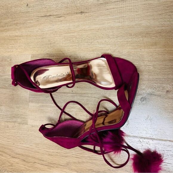 EUC ANGL Breckelles Burgundy Fluffy Pom Pom Heels 7 - Picture 2 of 4